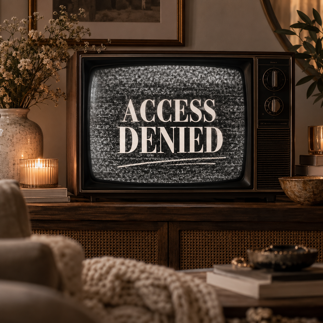 Vintage television in a cozy living room showing the words ACCESS DENIED over black and white static.