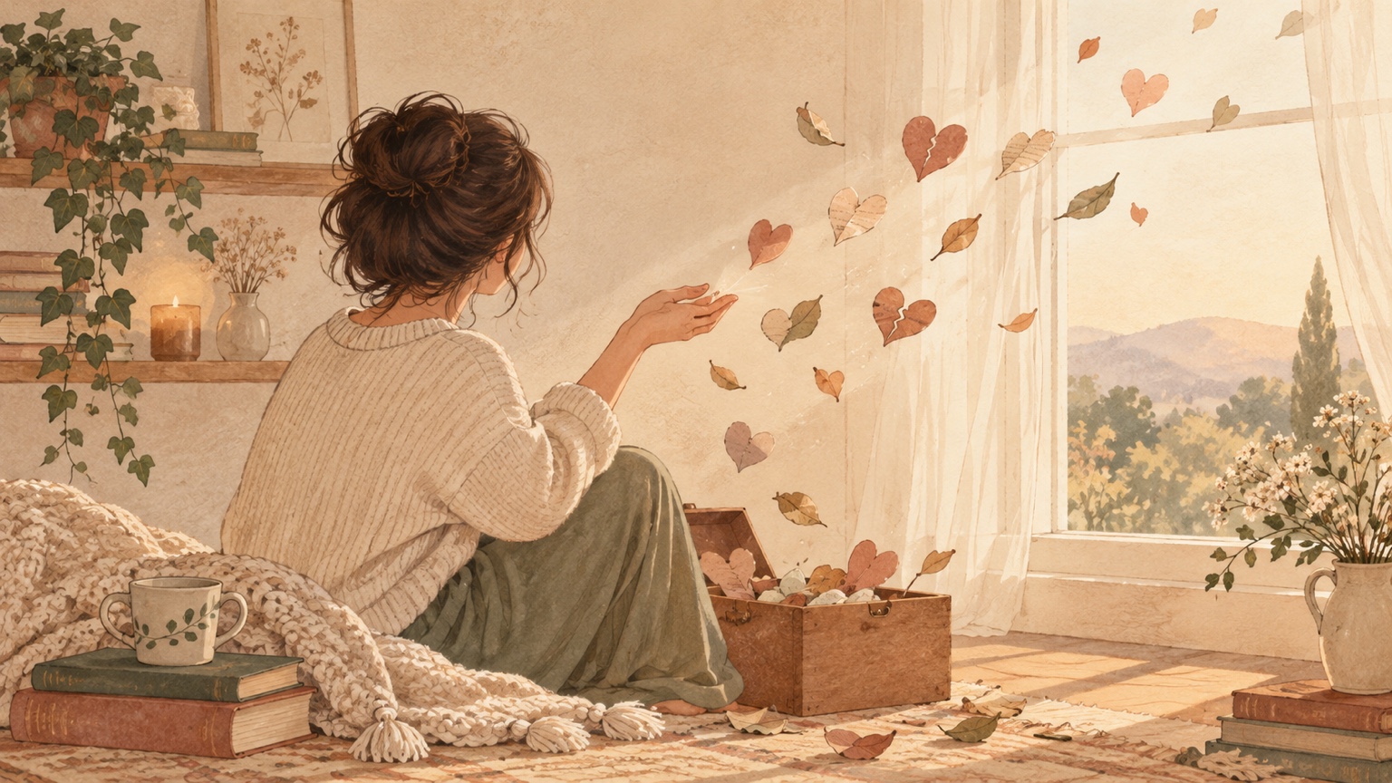 Woman releasing hearts into the light