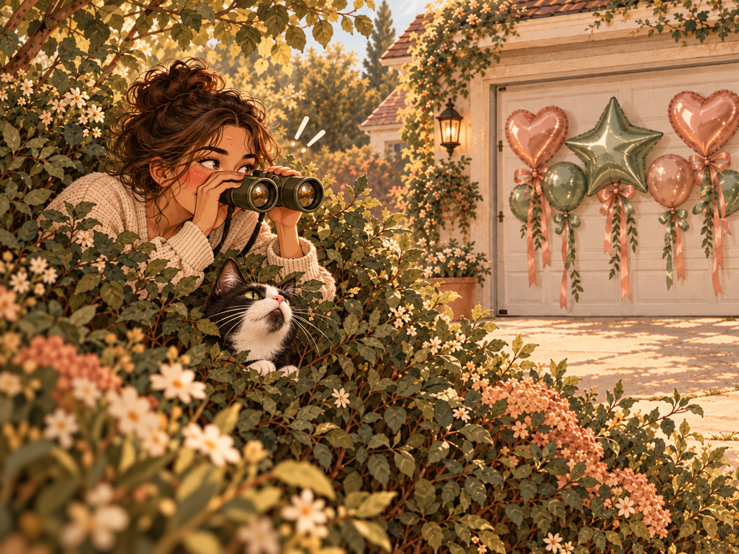 Vintage illustrated woman hiding in a bush with binoculars beside a tuxedo cat, watching a garage door decorated with balloons.