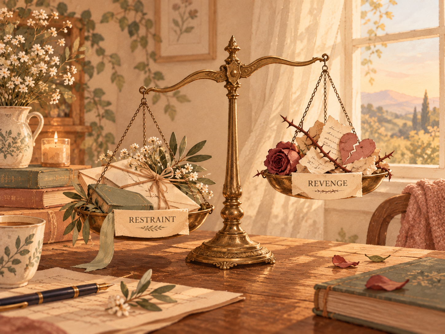 Illustrated antique balance scale showing restraint and revenge in a warm vintage room.