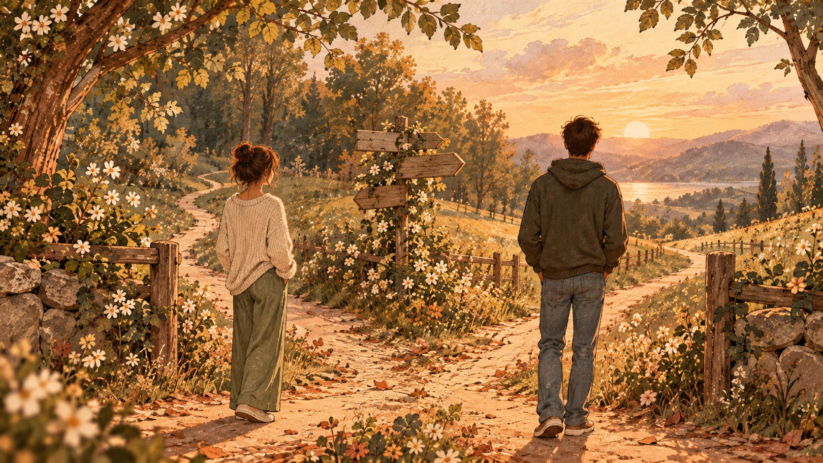Two figures on separate paths facing an uncertain road in a warm vintage illustration.